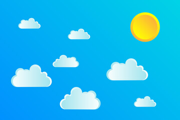 Clear summer sky with white fluffy clouds. Summer jpeg image background with sun and clouds. Paper cut and digital crafts style. copy space for text.
