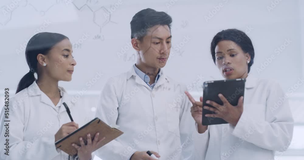 Poster Scientists analyzing chemical compound change, molecule reactions on clear visual aid board and digital tablet in experiment test. Biochemist pathologists discovering cure to monkeypox in laboratory