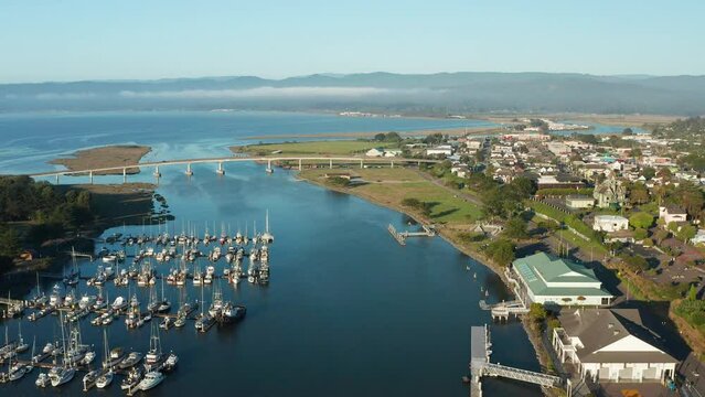 Aerial pullback shot of cars, bridge, and boats in Eureka with coastal trees