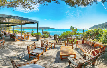 Fototapeta na wymiar Gorgeous view of Santa Giulia resort from beach bar.