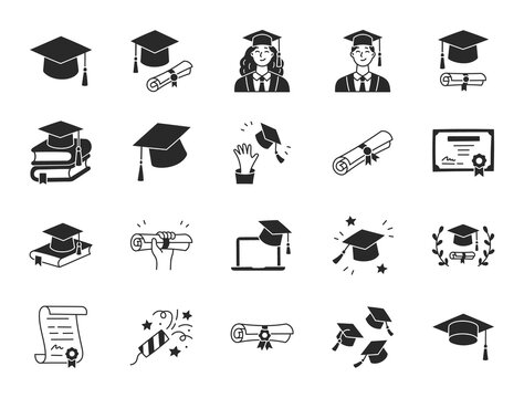 Graduation doodle illustration including flat icons - student in cap, diploma certificate scroll, university degree. Glyph silhouette art about high school education. Black color