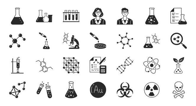 Chemistry doodle illustration including flat icons - flask, lab tube, scientist, propper, petri dish, beaker, experiment, biotechnology. Glyph silhouette art about laboratory research. Black color