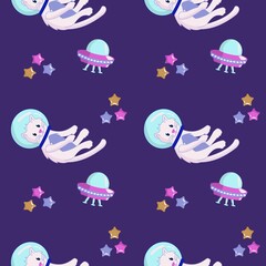 Seamless pattern Animals in space. Cute white cat astronaut, ufo and stars. Characters exploring universe galaxy. Cartoon vector illustration.