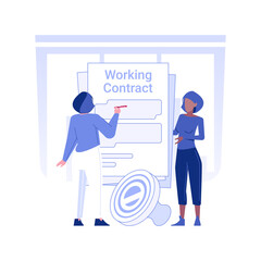 Employment agreements isolated concept vector illustration. Employee signs a work contract in office, legal business documents, company documentation, corporate paperwork vector concept.