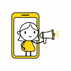 Woman looks out through a mobile screen and announcing something in a megaphone in her hand. Online business, marketing concept. Vector stock illustration
