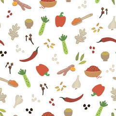 Spices, pepper, garlic, wasabi, ginger vector seamless pattern
