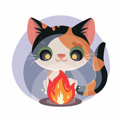 Cute cats are sitting by the fire, depicting cartoon vector illustration. 