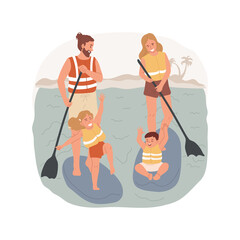 Paddleboard isolated cartoon vector illustration. Family paddleboarding on a lake, summer vacation activity, children and parents standing on a paddleboard, wearing lifejacket vector cartoon. - obrazy, fototapety, plakaty