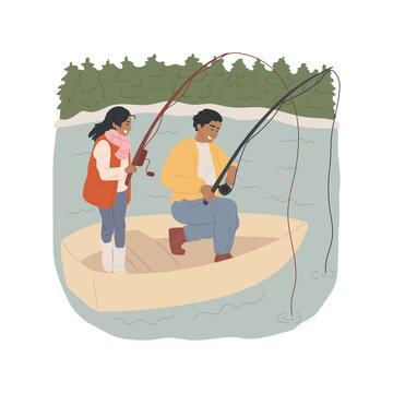 Boat Fishing Isolated Cartoon Vector Illustration. Family Fishing Adventure, Parent And Child Catching Fish From Boat, Holding Fishing Rod, Recreation At Lake, Leisure Activity Vector Cartoon.