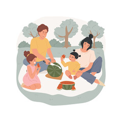 Watermelon isolated cartoon vector illustration. Parent cuts watermelon, kids eating juicy fruit, family having picnic in a park, sitting on grass, leisure time in the nature vector cartoon.