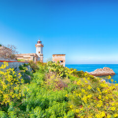 Fototapeta na wymiar Fantastic sunny day over Capo Zafferano Lighthouse.