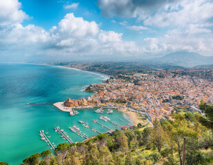 Fototapeta na wymiar Unbelievable aerial cityscape of Castellammare del Golfo town.