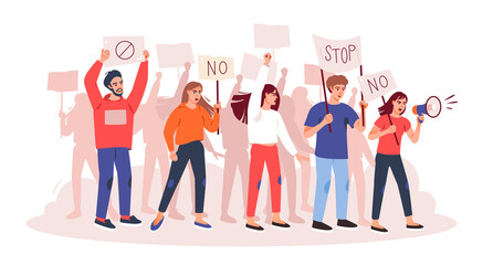 Obraz premium Protesting people at a rally, parade or political meeting. A crowd of angry people with placards and a megaphone is protesting. Protest. Flat vector illustration.