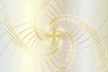 Distorted abstract lines, wireframe tunnel. The gold spiral line, Golden Ratio on the white gold background. Vector illustration.