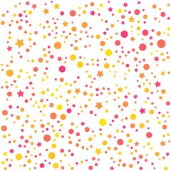 Pink, yellow, and orange stars and circles pattern on the white background. Vector illustration.	