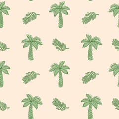 Seamless tropical pattern with palm tree and leaves on light background. Suitable for tableware, textiles, postcards, porcelain, clothing, flyers, menus, designers.
