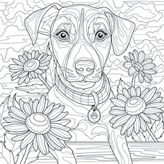 Dog with daisies. Jack russell terrier.Coloring book antistress for children and adults. Illustration isolated on white background. Zen-tangle style. Hand draw