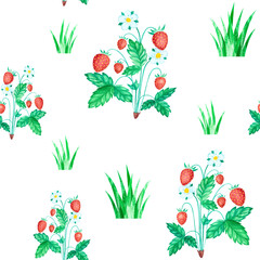 Seamless summer berries pattern with ripe mature red strawberries with grass on wild meadow on white background. Isolated aquarelle watercolour element for print