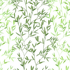 Aquarelle seamless endless hand painted drawn pattern with two colored light and dark green wild delicate plants and leaves on white background. Watercolor botanical natural ornament