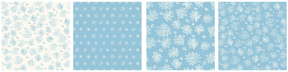 Seamless patterns set with hand drawn meadow flowers in Ditzy style. Stylish dark illustrations on blue background for surface design and other design projects