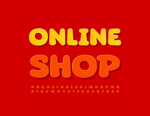 Vector advertising poster Online Shop. Sticker Red Font. Artistic Alphabet Letters and Numbers