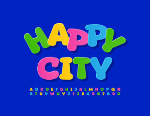 Vector colorful flyer Happy City. Funny Kids Font. Creative set of Alphabet Letters and Numbers
