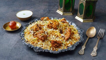 Indian spicy chicken Biryani with raita and gulab jamun Served in a dish side view on grey...