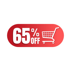 65% off, shopping cart icon, Super discount sale, design in 3D red vector illustration. Fifty 