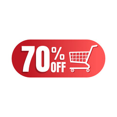 70% off, shopping cart icon, Super discount sale, design in 3D red vector illustration. Seventy 