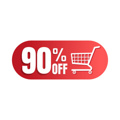 90% off, shopping cart icon, Super discount sale, design in 3D red vector illustration. Ninety 