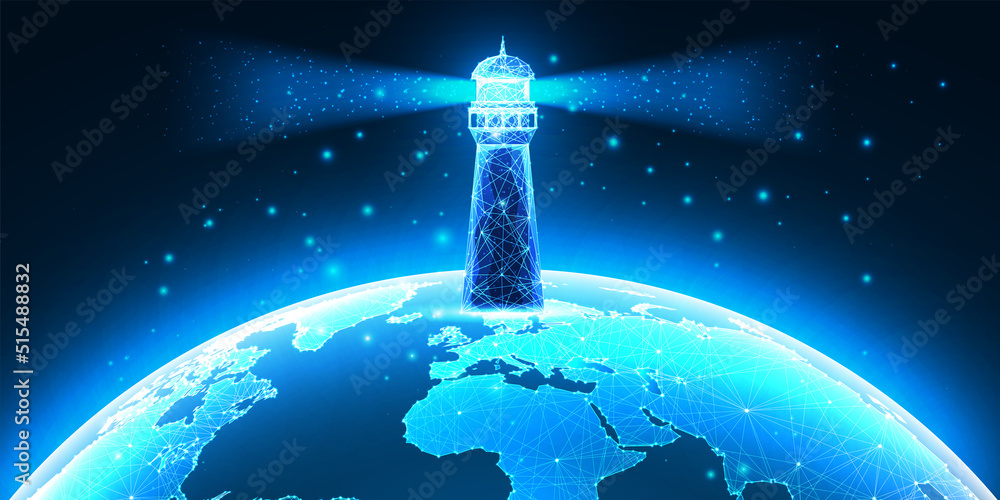 Wall mural global vision concept with lighthouse and planet earth globe space view in futuristic glowing style