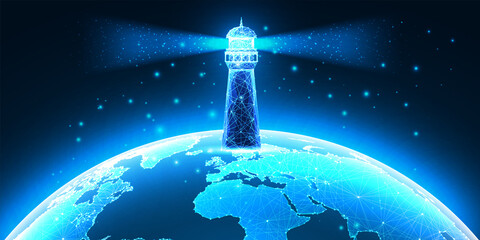 Global vision concept with lighthouse and planet Earth globe space view in futuristic glowing style