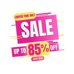 85% UP to off, LIMITED TIME ONLY, sale. pink and yellow design with abstract details in Vector illustration, super discount, Eighty five 