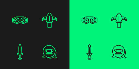 Set line Blacksmith anvil tool, Medieval sword, Welding glasses and Classic iron fence icon. Vector