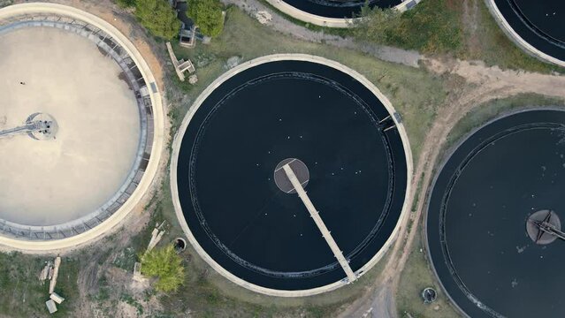 Aerial top view of wastewater treatment plant, filtration of dirty or sewage water