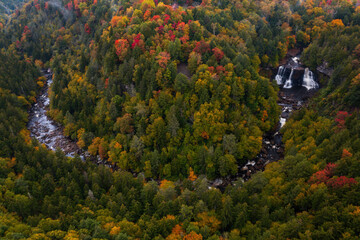 Aerial of Blackwater River and Canyon on Cloudy Day in Autumn - Blackwater Falls State Park -...