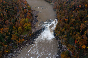 Aerial of Cumberland Falls - Long Exposure of Waterfall in Autumn - Cumberland Falls State Park -...