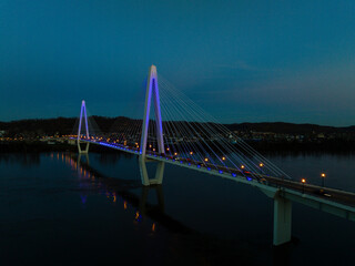 Aerial of Oakley Clark Collins Memorial Bridge at Blue Hour - Cable-Stayed Suspension - Still Waters of the Ohio River - Russell, Kentucky and Ironton, Ohio - 515490007
