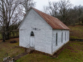 Aerial of Abandoned Ebezener Christian Church - Appalachian Mountain Region - Kentucky