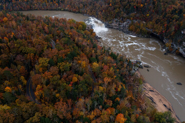 Aerial of Cumberland Falls - Long Exposure of Waterfall in Autumn - Cumberland Falls State Park - Appalachian Mountain Region - Kentucky - 515490015