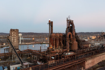 Aerial of Rusted and Disused Amanda Pig Iron Blast Furnace at Sunset - Abandoned Armco Steel / AK Steel Ashland Works - Russell and Ashland, Kentucky - 515490022