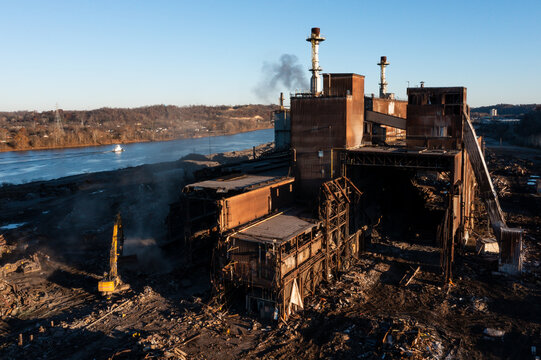 Aerial of Rusted and Basic Oxygen Furnace and Caster Undergoing Demolition at Sunset - Abandoned Armco Steel / AK Steel Ashland Works - Russell and Ashland, Kentucky