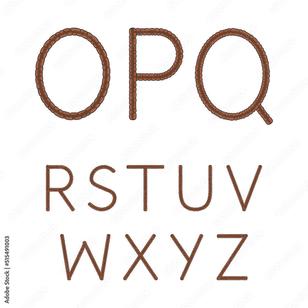 Poster font, alphabet, letters from dreadlocks from o to z. isolated vector objects on a white background.