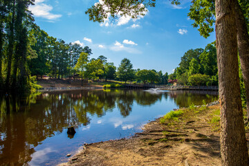 a gorgeous summer landscape in the park with a lake and a water fountain and a brown wooden bridge...