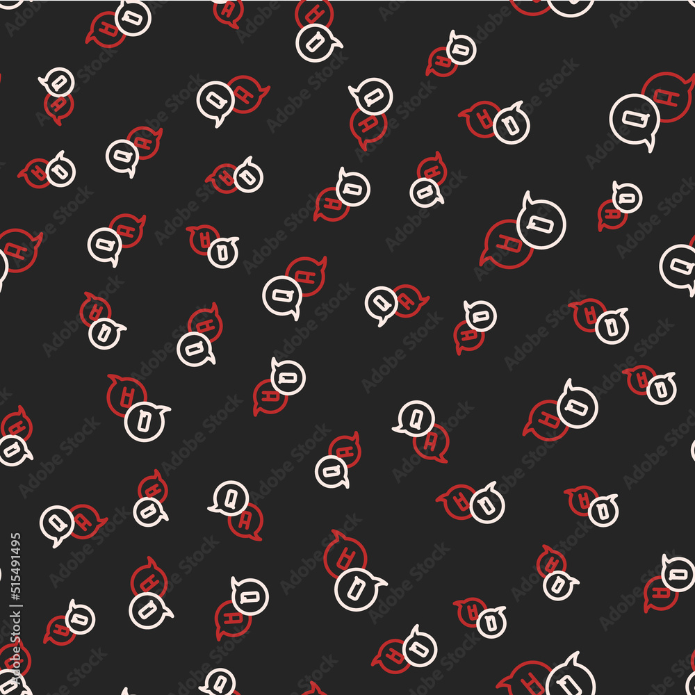 Poster line speech bubbles with question and answer icon isolated seamless pattern on black background. q a