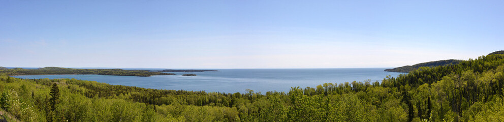 Fototapeta na wymiar Wayswaugoing Bay Overlook panorama near the USA / Canada border on lake Superior Grand Portage Minnesota
