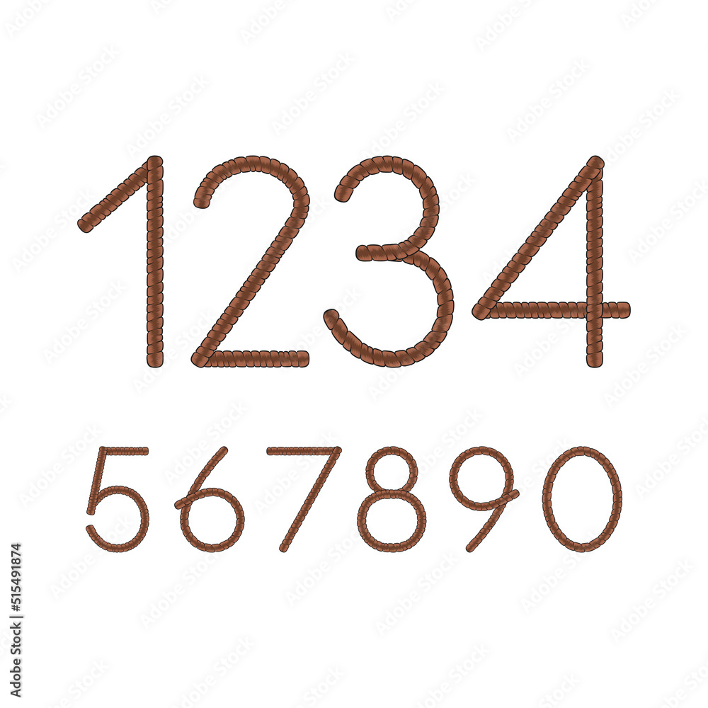 Poster font, numbers from dreadlocks. isolated vector objects on a white background.