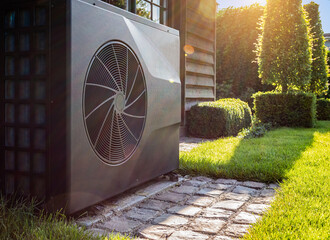 Fototapeta Air heat pump near pool house outdoors. obraz