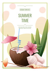 Flyer template design with coconut cocktail, flowers. Summertime, beach party, bar, refreshing drinks. Banner, flyer, poster A4 size for advertising