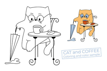 A cat drinks coffee at a table in a cafe. A picture for coloring with a color template.